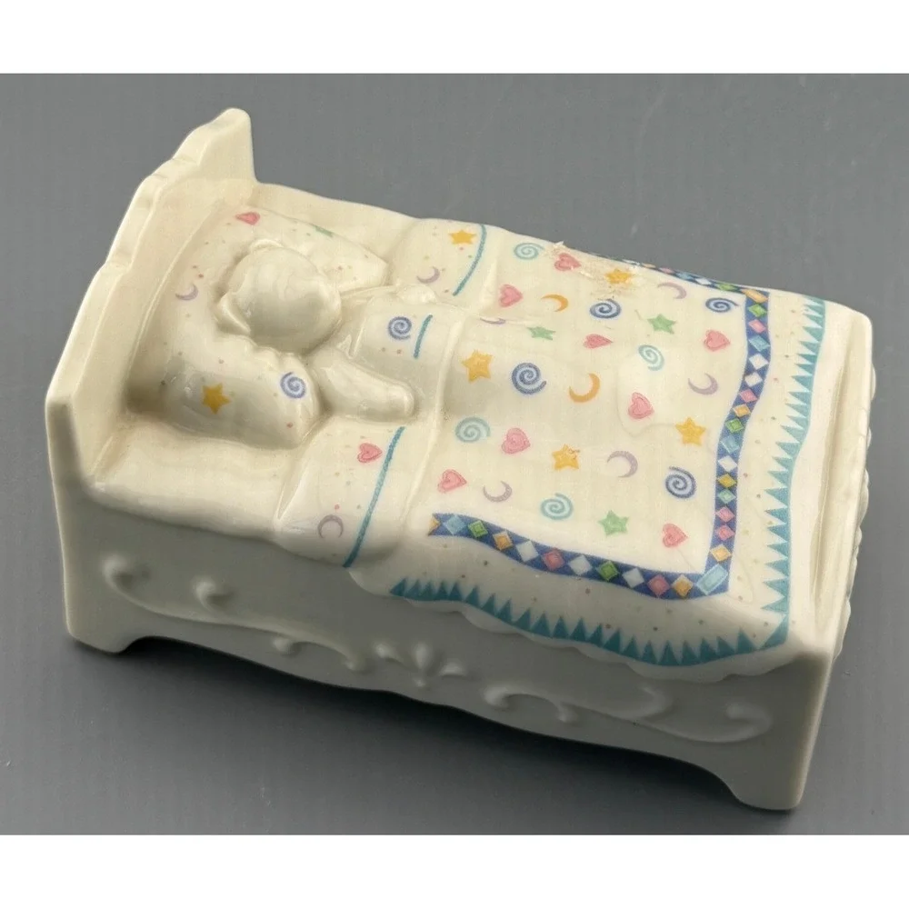 Vintage Lenox Music Box Bears Heirloom Teddy Bear in Bed Plays Brahms Lullaby 5